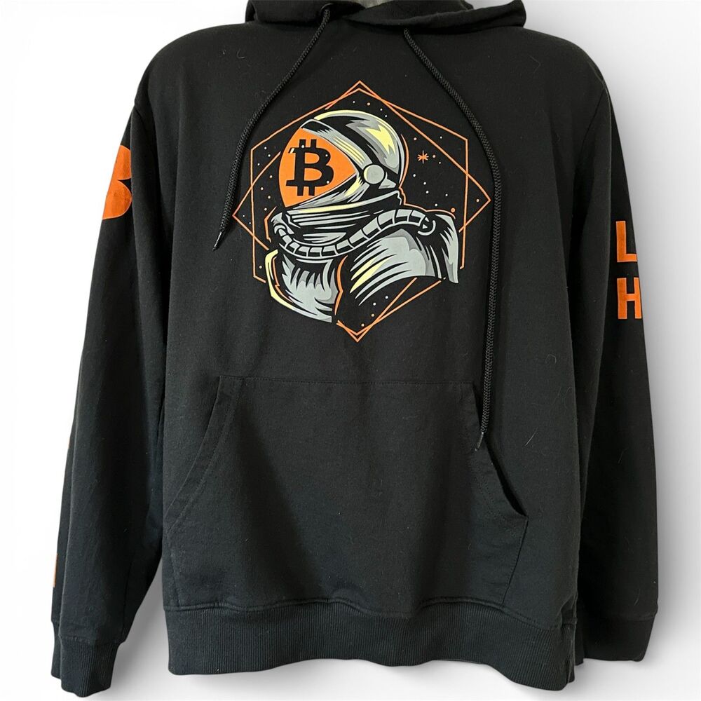 BITCOIN Hoodie Sweatshirt "To the MOON" Black & Orange Mens LG